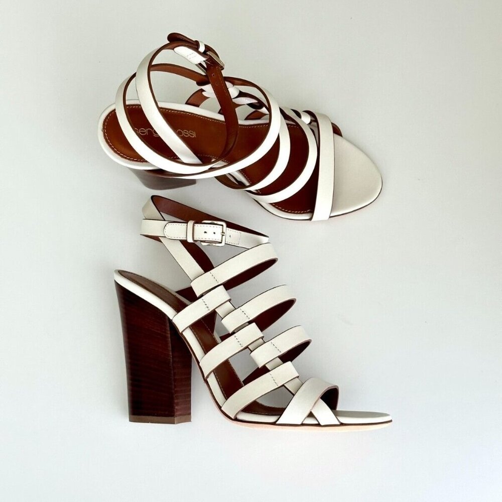 Women's NEW SERGIO ROSSI White Leather Strappy Block Heel Sandals Size 38 US (8)